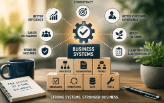 Business systems for small businesses showing how documented processes, people, workflows and technology improve efficiency, delegation and business growth.