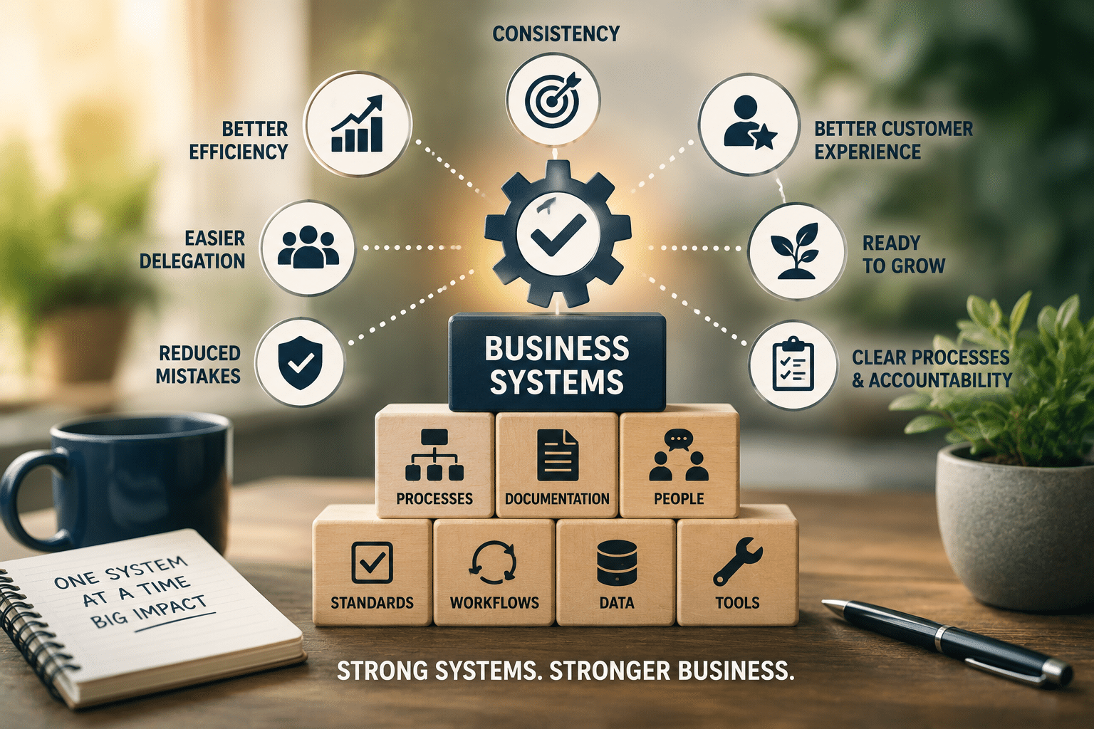 Business systems for small businesses showing how documented processes, people, workflows and technology improve efficiency, delegation and business growth.